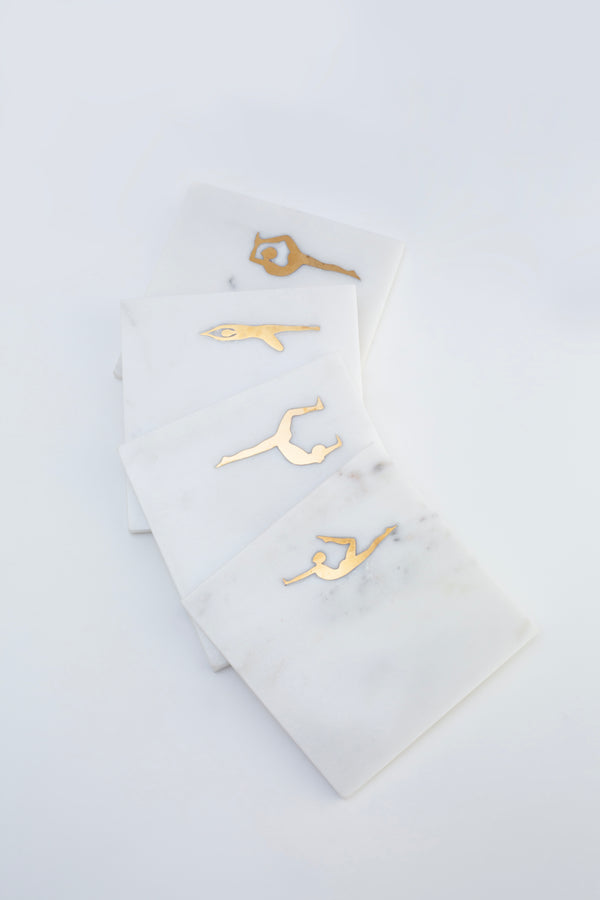 Acornalia Yog Marble Coasters Set of 4 – Premium White Marble Drink Coasters with Brass Yoga Design | Elegant Table Décor & Gift Set