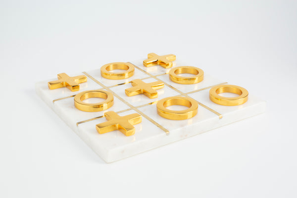 Acornalia XOXO Tic Tac Toe Game Set | Luxury Marble Board with Golden X & O Pieces | Stylish Tabletop Game & Home Décor Accent