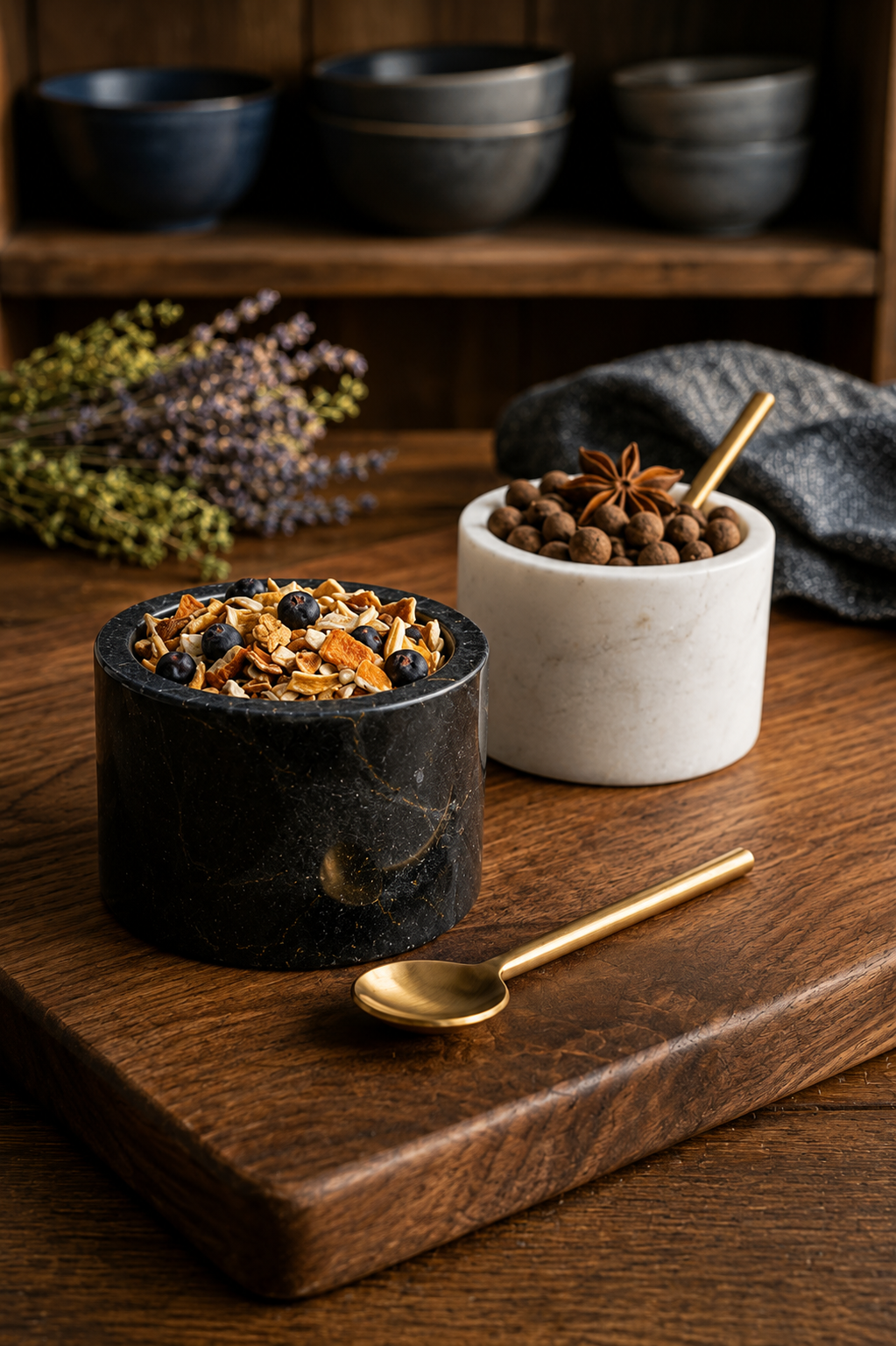 Acornalia Day & Night Marble Salt & Pepper Bowl Set with Golden Spoon